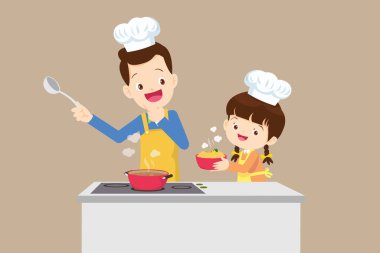happy family with father and children girl cooking in kitchen 
