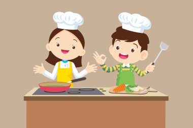 Cute Boy and Girl cooking in the kitchen. happy little chef kids presenting.