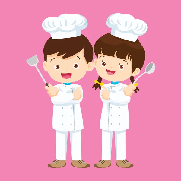 キッチンでかわいい男の子と女の子の料理 キャラクターチャイルドシェフの職業 — ストックベクタ