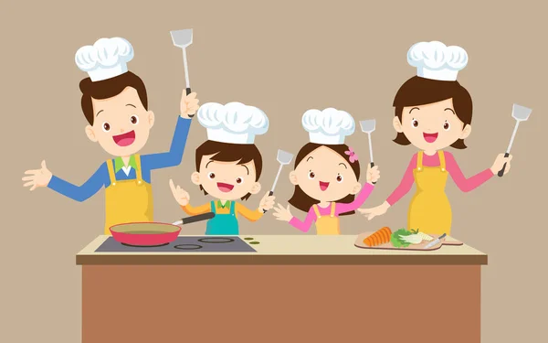 Glückliche Familie Mit Mutter Vater Und Kindern Beim Kochen Der — Stockvektor