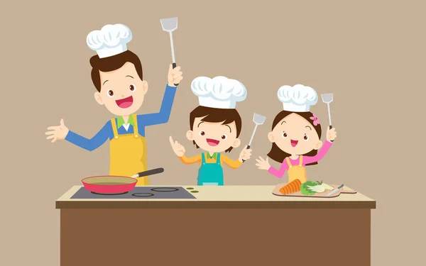 Famille Heureuse Avec Mère Père Enfants Garçon Fille Cuisine Dans — Image vectorielle