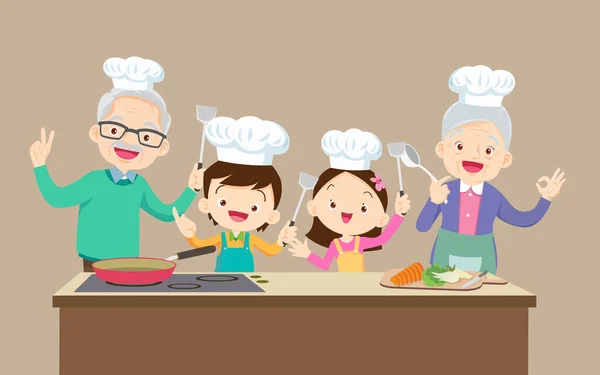 Famille Heureuse Avec Grand Parent Enfants Garçon Fille Cuisine Dans — Image vectorielle