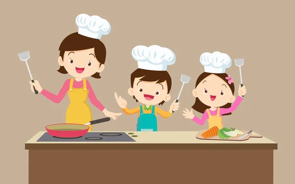 台所で料理をする母親と子供の男の子と幸せな家族 — ストックベクタ