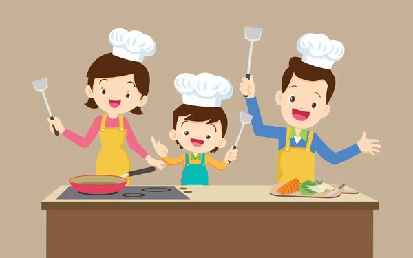 Familia Feliz Con Madre Padre Los Niños Niña Cocinando Cocina — Vector de stock