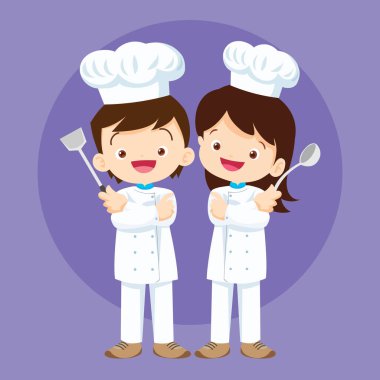 Sevimli Kız ve Oğlan mutfakta yemek yapıyor. Çocuk aşçılığı mesleği.