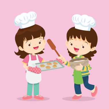 Sevimli Kız ve Oğlan mutfakta yemek yapıyor. Çocuk aşçılığı mesleği.