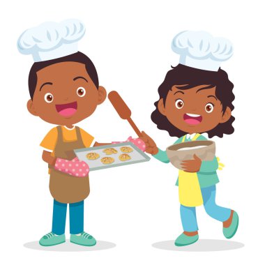 Sevimli Kız ve Oğlan mutfakta yemek yapıyor. Çocuk aşçılığı mesleği.