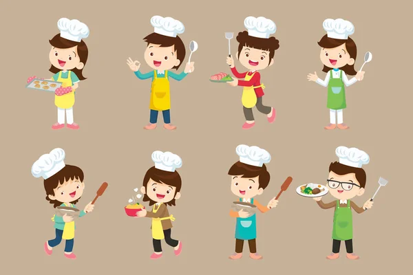 Chef Kids Little Smiling Boy Girl Kitchen Workers Cooking Tools — Stock Vector