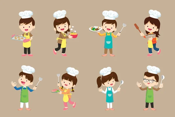 シェフ キッズ 小さな笑顔の男の子と女の子の台所労働者と調理器具の文字 — ストックベクタ