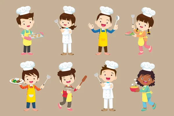 stock vector Chef kids. Little smiling boy and girl kitchen workers and cooking tools character