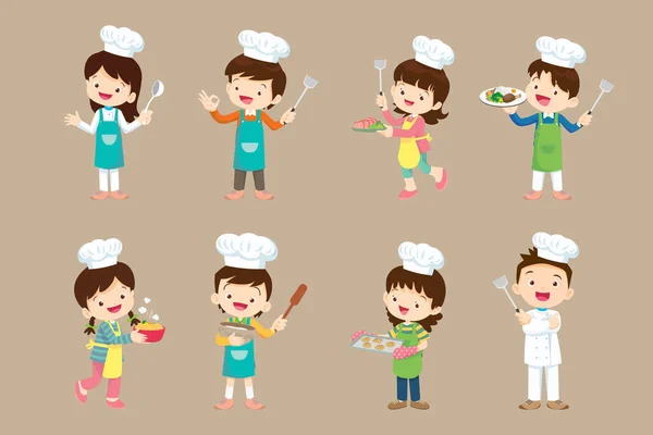 Chef Kids Pequeño Niño Sonriente Niña Trabajadores Cocina Herramientas Cocina — Vector de stock