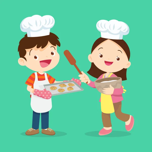 Bonito Menino Menina Cozinhar Cozinha Personagem Criança Chef Profissão — Vetor de Stock