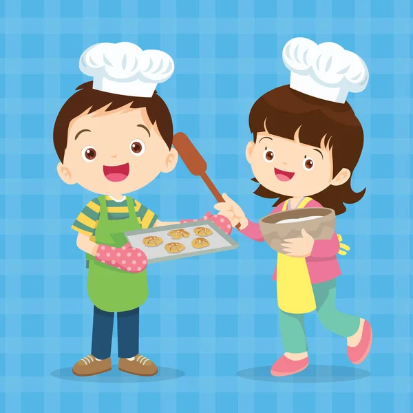 Cute Boy Girl Gotowania Kuchni Character Dziecka Zawodu Szefa Kuchni — Wektor stockowy