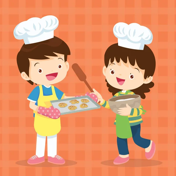 Netter Junge Und Mädchen Kochen Der Küche Character Kinderkoch Beruf — Stockvektor