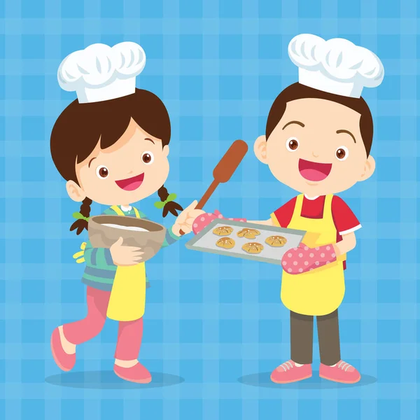 Bonito Menino Menina Cozinhar Cozinha Personagem Criança Chef Profissão — Vetor de Stock