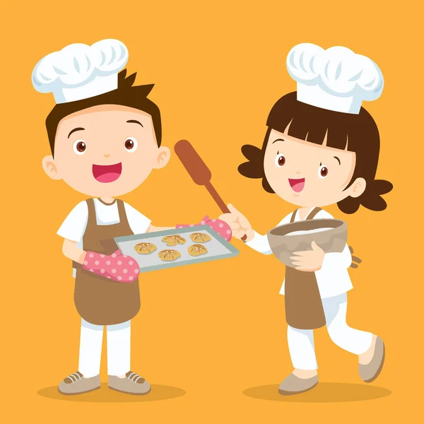 Cute Boy Girl Cocinar Cocina Personaje Niño Chef Profesión — Vector de stock