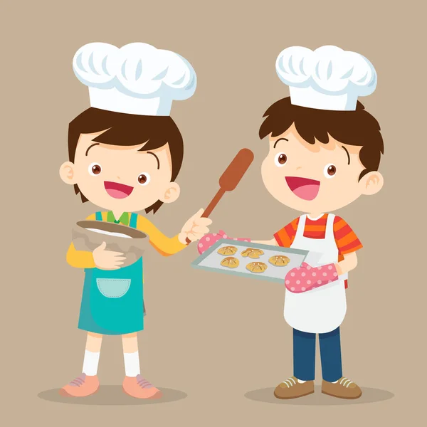 キッチンでかわいい男の子と女の子の料理 キャラクターチャイルドシェフの職業 — ストックベクタ