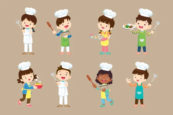 Chef Kids Little Smiling Boy Girl Kitchen Workers Cooking Tools Vector Graphics