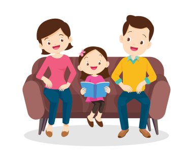 Aile birlikte kitap okuyor. Büyükbaba, anne ve çocukları.