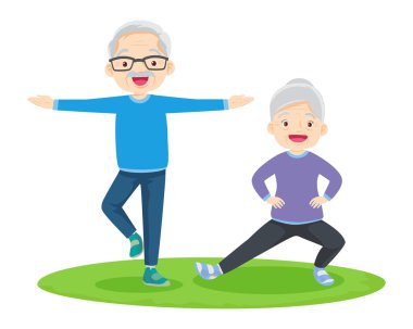 Yaşlı çift yoga yapıyor. Egzersiz yapan aktif büyükanne ve büyükbaba. Spor. Sabah egzersizleri. Aile spordan ve sağlıklı bir yaşam tarzından hoşlanır..