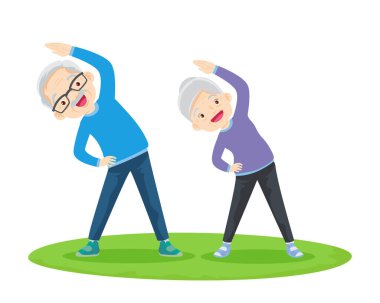 Yaşlı çift yoga yapıyor. Egzersiz yapan aktif büyükanne ve büyükbaba. Spor. Sabah egzersizleri. Aile spordan ve sağlıklı bir yaşam tarzından hoşlanır..