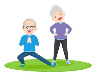 Yaşlı çift yoga yapıyor. Egzersiz yapan aktif büyükanne ve büyükbaba. Spor. Sabah egzersizleri. Aile spordan ve sağlıklı bir yaşam tarzından hoşlanır..