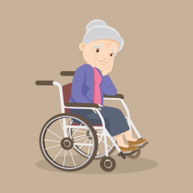 Yaşlı kadın tekerlekli sandalyede oturuyor. Tekerlekli sandalyedeki yaşlı kadın hasta.