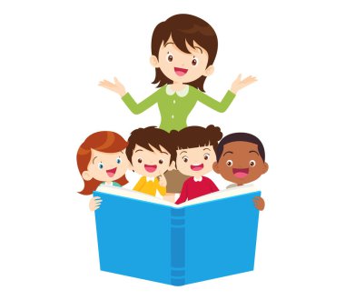 Erkek ve kız öğrencilerin öğrendiği öğretmen. Okula Dönüş Konsepti eğitimi ile okuyan çocuklar.