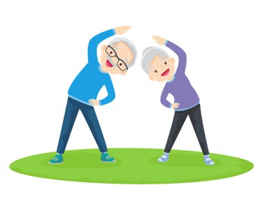 Yaşlı çift yoga yapıyor. Egzersiz yapan aktif büyükanne ve büyükbaba. Spor. Sabah egzersizleri. Aile spordan ve sağlıklı bir yaşam tarzından hoşlanır..