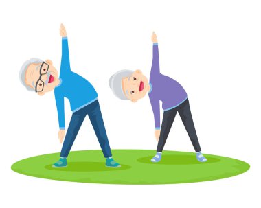 Yaşlı çift yoga yapıyor. Egzersiz yapan aktif büyükanne ve büyükbaba. Spor. Sabah egzersizleri. Aile spordan ve sağlıklı bir yaşam tarzından hoşlanır..