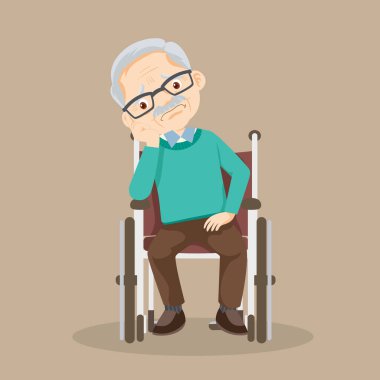 Yaşlı adam tekerlekli sandalyede oturuyor. Tekerlekli sandalyedeki son sınıf erkek hasta.