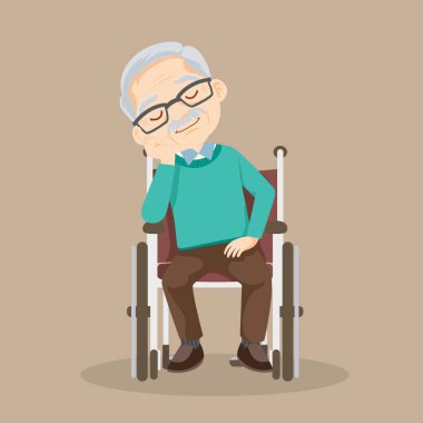 Yaşlı adam tekerlekli sandalyede oturuyor. Tekerlekli sandalyedeki son sınıf erkek hasta.