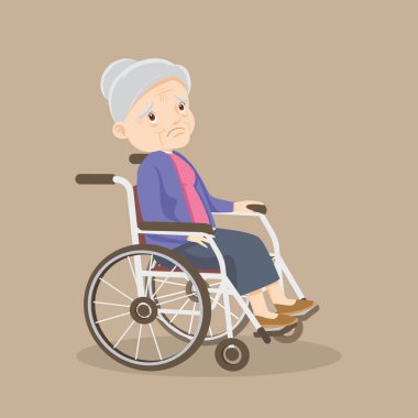 Yaşlı kadın tekerlekli sandalyede oturuyor. Tekerlekli sandalyedeki yaşlı kadın hasta.