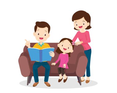 Aile birlikte kitap okuyor. Büyükbaba, anne ve çocukları.