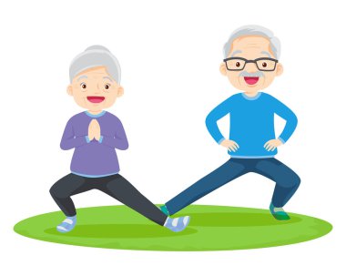 Yaşlı çift yoga yapıyor. Egzersiz yapan aktif büyükanne ve büyükbaba. Spor. Sabah egzersizleri. Aile spordan ve sağlıklı bir yaşam tarzından hoşlanır..