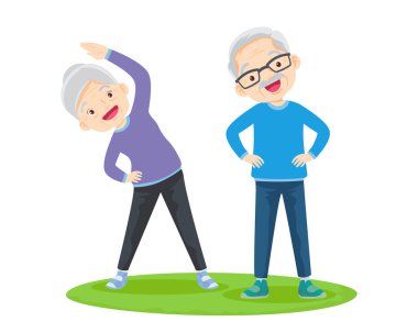 Yaşlı çift yoga yapıyor. Egzersiz yapan aktif büyükanne ve büyükbaba. Spor. Sabah egzersizleri. Aile spordan ve sağlıklı bir yaşam tarzından hoşlanır..