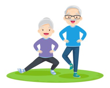 Yaşlı çift yoga yapıyor. Egzersiz yapan aktif büyükanne ve büyükbaba. Spor. Sabah egzersizleri. Aile spordan ve sağlıklı bir yaşam tarzından hoşlanır..