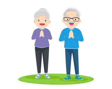 Yaşlı çift yoga yapıyor. Egzersiz yapan aktif büyükanne ve büyükbaba. Spor. Sabah egzersizleri. Aile spordan ve sağlıklı bir yaşam tarzından hoşlanır..