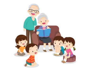 Aile çocuklara masal okuyor, kitap okuyor ve masal anlatıyor. Çocuklar dinleyin, babaanneniz ve dedeniz kanepede kitap okuyor.