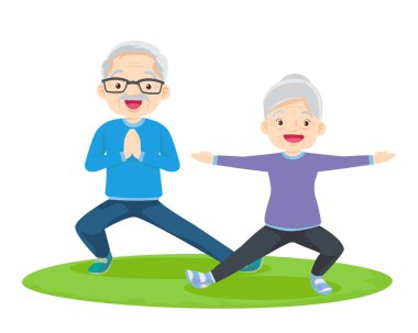 Yaşlı çift yoga yapıyor. Egzersiz yapan aktif büyükanne ve büyükbaba. Spor. Sabah egzersizleri. Aile spordan ve sağlıklı bir yaşam tarzından hoşlanır..