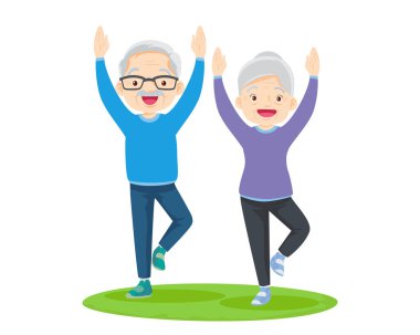 Yaşlı çift yoga yapıyor. Egzersiz yapan aktif büyükanne ve büyükbaba. Spor. Sabah egzersizleri. Aile spordan ve sağlıklı bir yaşam tarzından hoşlanır..