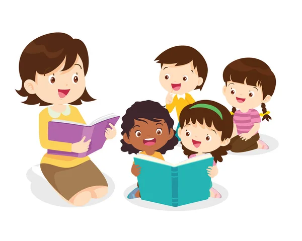 与男孩和女孩一起学习的教师 与返回学校一起阅读的儿童概念教育 — 图库矢量图片