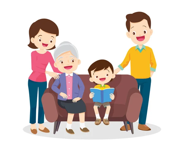Aile Birlikte Kitap Okuyor Büyükbaba Anne Çocukları — Stok Vektör