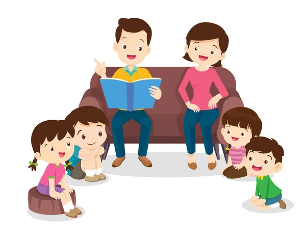 子供たちへのおとぎ話を読んで 本のおとぎ話の話を読んで話しています 子供たちは父親のお母さんの祖父母がソファで本を読んで聞く — ストックベクタ