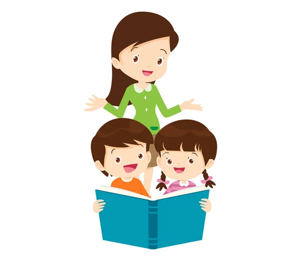Leraar Met Jongen Meisjes Leren Kinderen Lezen Met Terug Naar — Stockvector