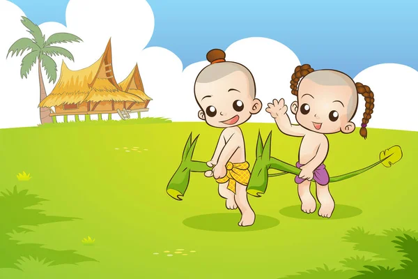 伝統的なタイの子供たちがゲームをプレイしている タイの伝統的なゲームタイの子供のゲームの漫画のイラスト — ストックベクタ
