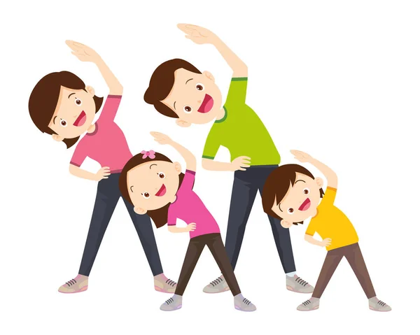 Mutlu Aile Spor Faaliyetleri Anne Baba Çocuk Evde Sabah Egzersizi — Stok Vektör
