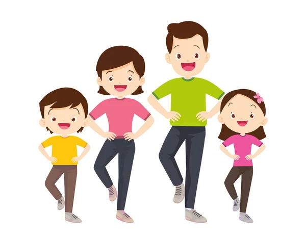 快乐家庭体育活动 爸爸和孩子在家里晨练 妈妈和小儿子健身锻炼 健康的生活方式 — 图库矢量图片