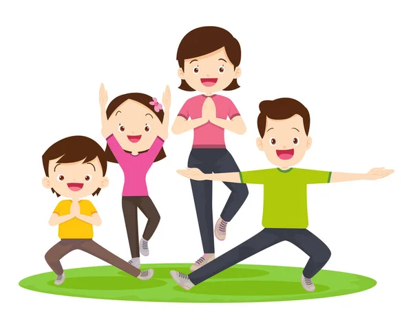 Happy Family Sport Activiteit Moeder Vader Kind Doen Morgens Oefeningen — Stockvector