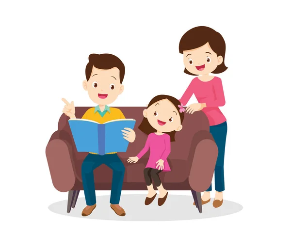 Сім Читає Книгу Разом Батько Бабуся Мати Їхня Дитина — стоковий вектор